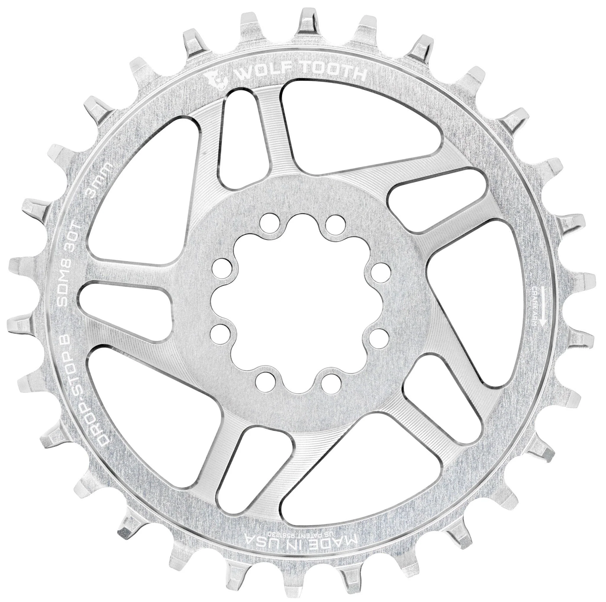 Kettenblatt Mono WOLF TOOTH DROP-STOP B DM 8 Schrauben Sram Eagle Boost Offset 0mm Raw Silver