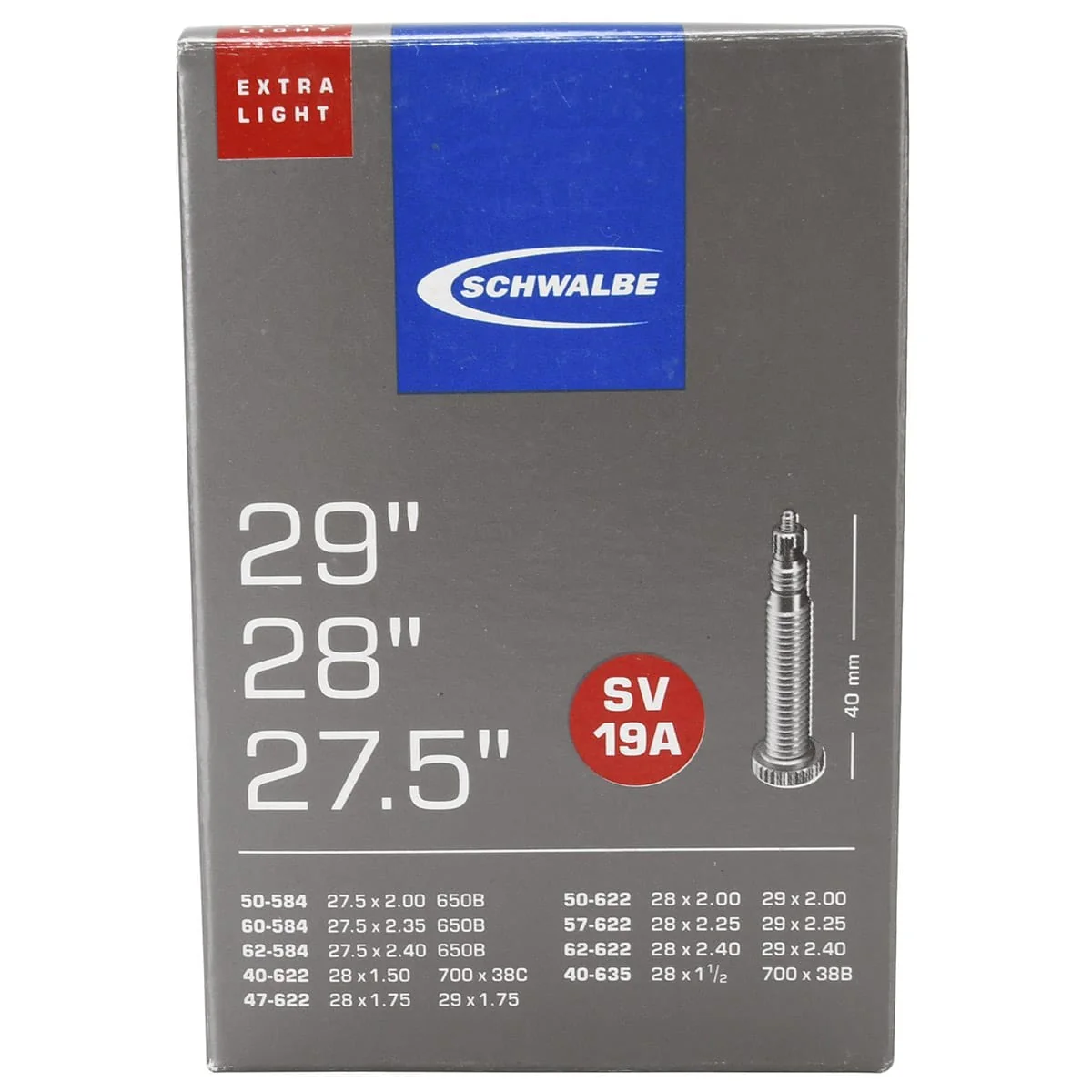 Fahrradschlauch SCHWALBE EXTRA LIGHT SV 19A 27.5/29x1.50/2.35 Butyl Presta 40 mm